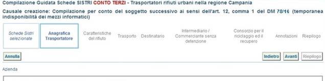 La sezione Anagrafica Trasportatore viene compilata in automatico dal sistema pertanto è possibile procedere direttamente tramite il tasto Avanti ; Anche la sezione Caratteristiche del rifiuto viene