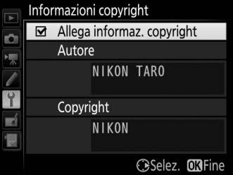 Informazioni copyright Pulsante G B menu impostazioni Aggiungere informazioni copyright alle nuove foto al momento dello scatto.