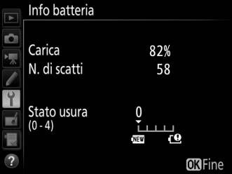 Info batteria Per visualizzare informazioni sulla batteria ricaricabile attualmente inserita nella fotocamera.