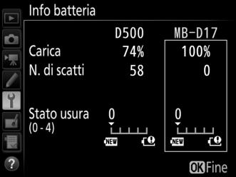 A Il multi-power battery pack MB-D17 Il display dell'mb-d17 è mostrato a destra. Nel caso di batterie ricaricabili EN-EL18b/EN-EL18a/ EN-EL18, il display indica se è necessaria la calibrazione.