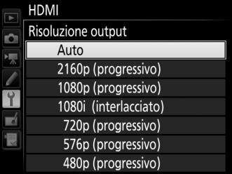 Opzioni HDMI L'opzione HDMI nel menu impostazioni (0 124) controlla la risoluzione output e altre opzioni HDMI avanzate.