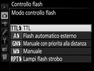Controllo flash Pulsante G C menu di ripresa foto Scegliere il modo di controllo flash per i flash esterni opzionali innestati sulla slitta accessori della fotocamera e regolare le impostazioni per
