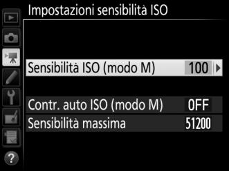 Impostazioni sensibilità ISO Pulsante G 1 menu di ripresa filmato Regolare le seguenti impostazioni sensibilità ISO.
