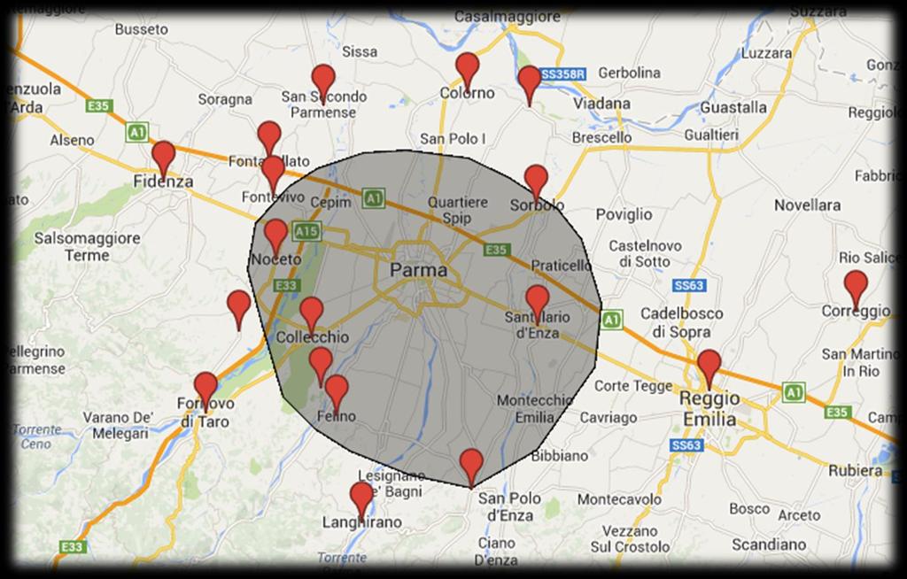 FARE CLIC PER MODIFICARE STILI DEL TESTO BACINO DELLO DI GRAVITAZIONE SCHEMA Nella cartina sono evidenziati i comuni di provenienza degli intervistati non residenti a Parma.
