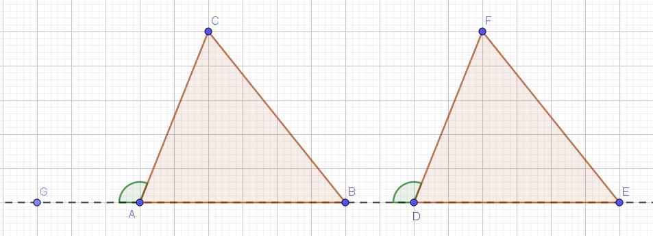 1 Disegnare due triangoli ABC e DEF tali che abbiano AB DE ; AC DF e in cui l'angolo esterno di vertice A sia congruente a quello esterno di vertice D.