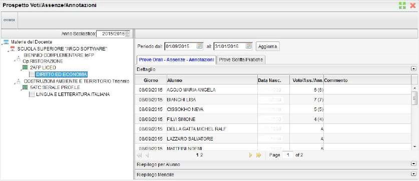 Nella quale si possono scegliere due tab i) tab prove orali assenze e annotazioni, all interno del quale si può ulteriormente scegliere tra a. dattaglio b. riepilogo per alunno c.