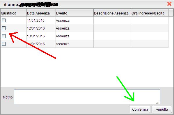 e le registra nel sistema : cliccando su appare al seguente schermata nella quale il docente spunta le assenze (freccia rossa) e conferma