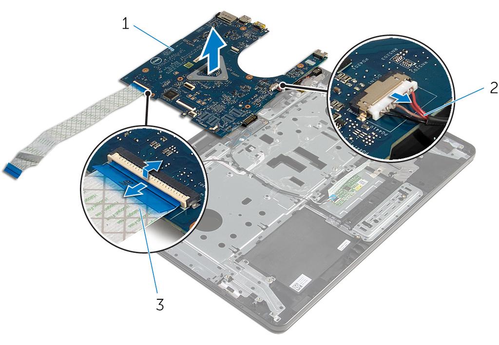 10 Sollevare il dispositivo di chiusura e scollegare il cavo della scheda di I/O dalla scheda di sistema.