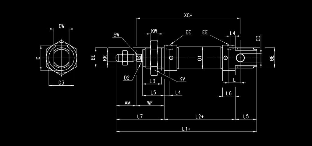 Minicilindri Serie 23 + = sommare la corsa INGOMBRI Ø EW KW BE KK CD D1 EE ØD2 L1+ XC+ L2+ M L3 L4 L5 L WF L6 L7 KV SW D D3 corsa di ammortizzo anteriore/posteriore 16 12 8 M16x1,5 M6x1 6 17,3 M5 6