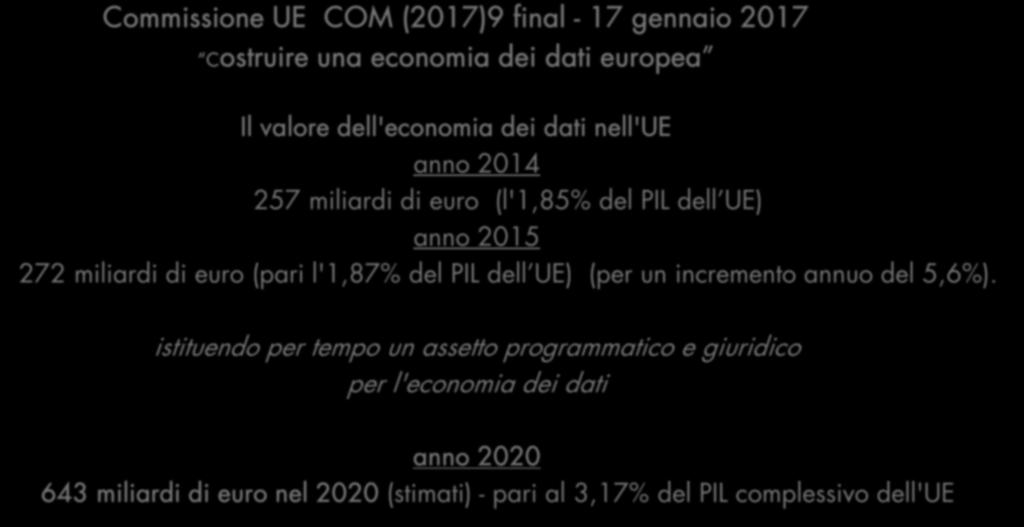 Il valore dell'economia dei dati nell'ue anno 2014 257 miliardi di euro (l'1,85% del PIL dell UE) anno 2015 272 miliardi di euro (pari l'1,87% del PIL dell UE) (per un incremento annuo