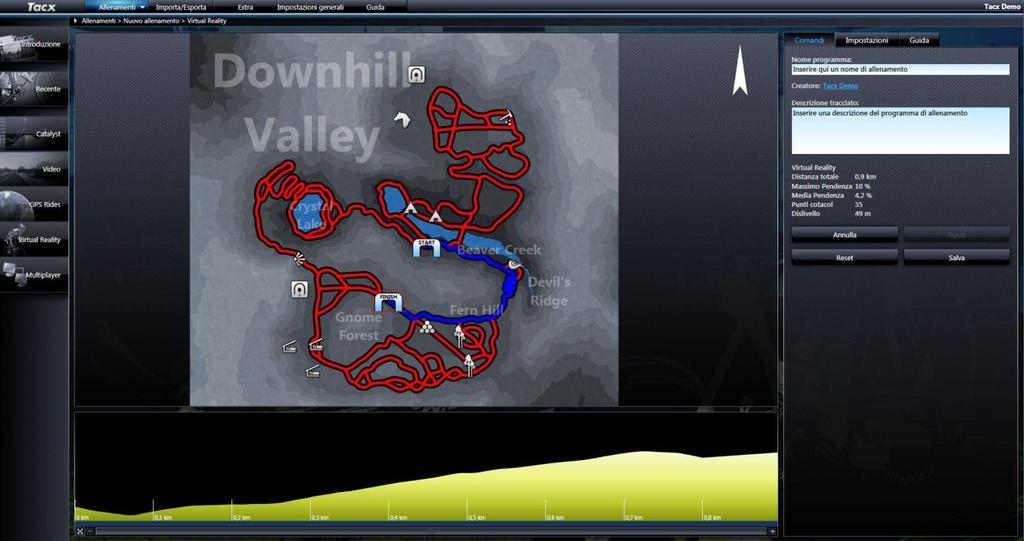 Virtual Reality In Virtual Reality, è possibile creare il proprio percorso su tre terreni diversi: Downhill Valley (tragitto MTB), Montagna e Valeggio.