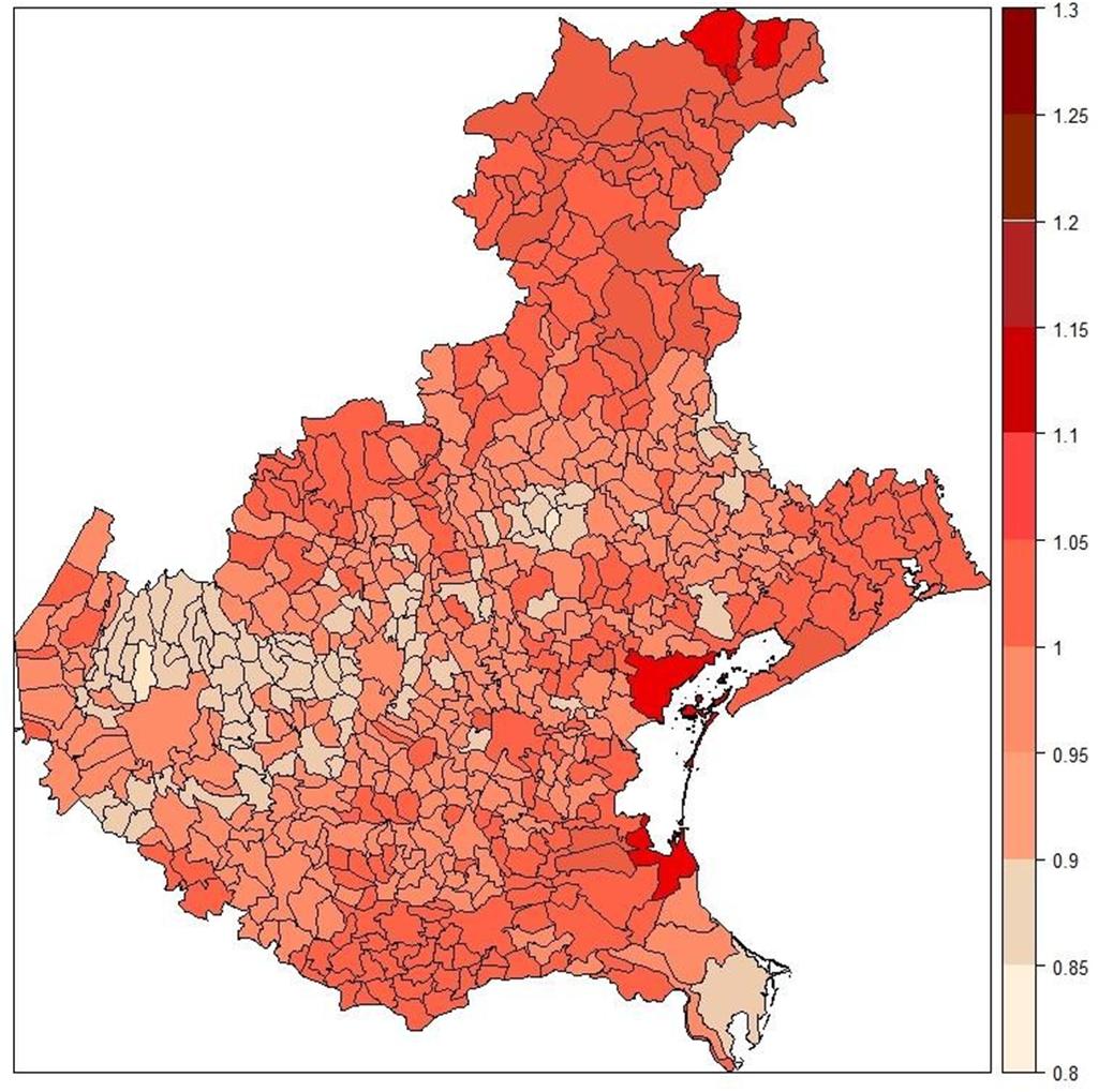 Mortalità per tumori Mappa della mortalità su base comunale; stime bayesiane del rapporto standardizzato di mortalità. Età < 85 anni.