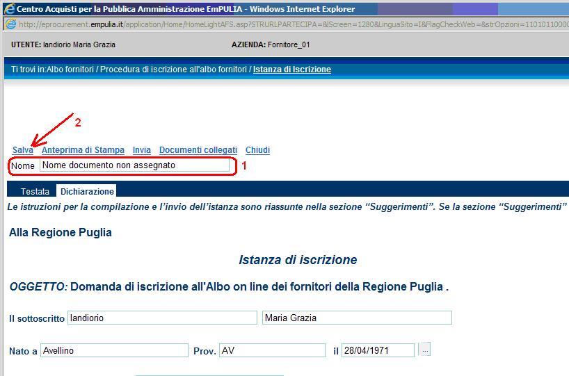 DICHIARAZIONE, associare un nome (1) al documento di istanza e