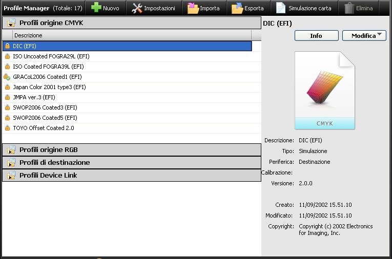 PROFILI DEI COLORI 39 Profile Manager in Command WorkStation Command WorkStation consente di importare i profili ICC sul server Fiery, esportare ed eliminare i profili (ad eccezione dei profili