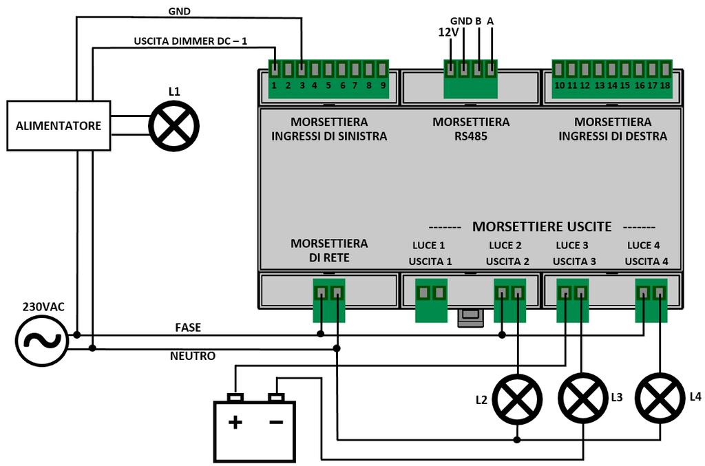 6.3 Funzione DC dimmerabile (mediante tensione 0-10V) Alcune tipologie di lampade a LED e a fluorescenza sono dimmerabili agendo su di uno specifico ingresso, solitamente presente sull alimentatore