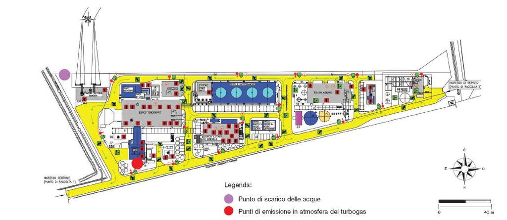 PLANIMETRIA DELLA CENTRALE Punto di scarico delle acque Punto di emissione in atmosfera del Turbogas INQUADRAMENTO AUTORIZZATIVO E stata rilasciata l Autorizzazione Unica n. 55/01/2003 del 15.05.