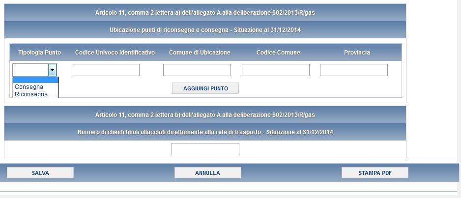 4.2 Ubicazione punti di riconsegna e clienti finali allacciati In questa maschera, si chiede di inserire la lista dei punti di riconsegna e consegna ed il numero di clienti finali allacciati