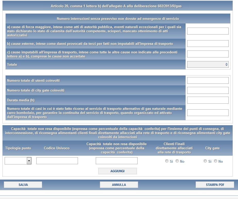 4.8 Interruzioni senza preavviso non dovute ad emergenze di servizio Nella maschera Interruzioni senza preavviso non dovute ad emergenze di servizio si richiede di inserire i dati riferiti all