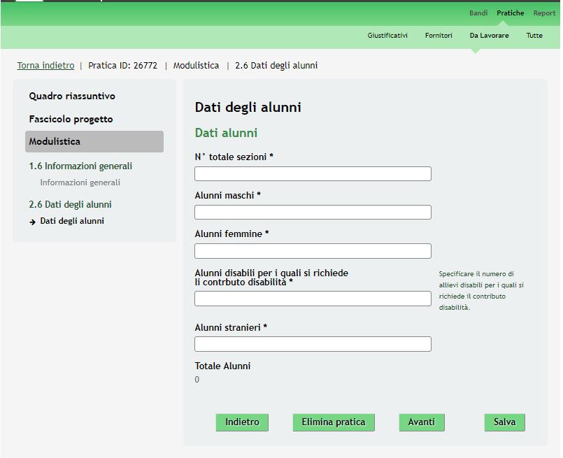 3.2 Modulo 2 Dati degli alunni Figura 14 Modulo 2 Dati degli alunni In questo modulo è necessario dettagliare i Dati alunni richiesti.