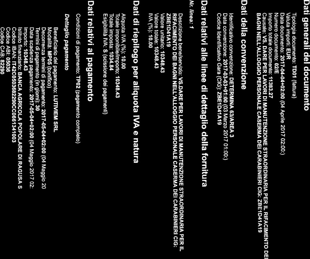 Beneficiano del pagamento: LUTIVIEM SRL Codice ABI: 05036 Codice CAB: 82290 Importo totale documento: 11383.27 Valore totale: 10348.43 Totale imponibile/importo: 10348.43 Importo: 10348.