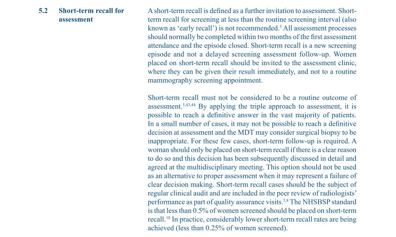 Early recall in UK, dati 2005 Clinical Guidelines for Breast Cancer Screening