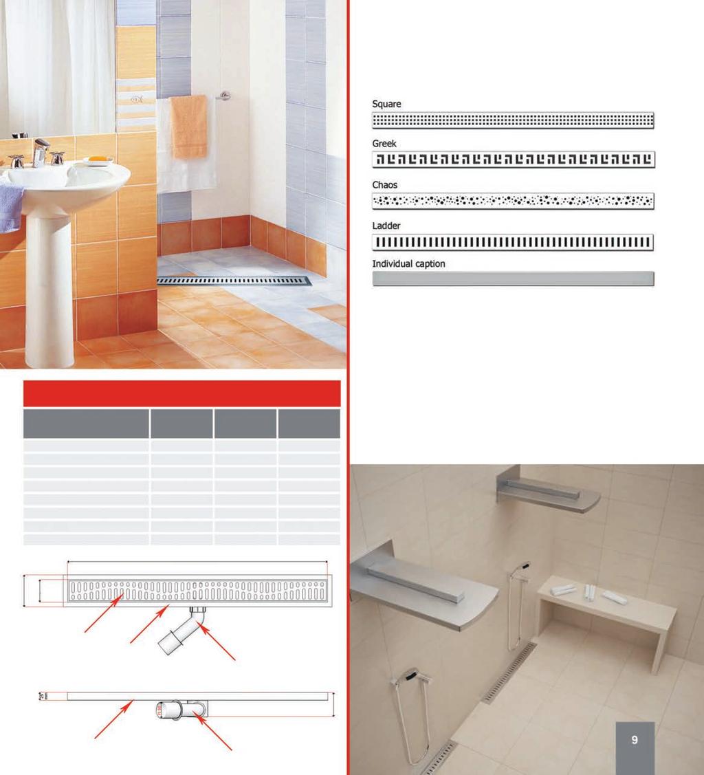 Modelli di griglie disponibili I N D I V I D U A L C A P T I O N Canalette doccia con raccordo di scarico in plastica Φ Lunghezza / indice Altezza Larghezza 0 V_p 120 mm 70 mm 600 V_p 120 mm 70 mm