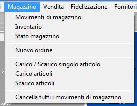 GESTIONE MAGAZZINO (torna all'indice) Il software include diverse schede per la gestione dello stato del magazzino (numero di articoli, sotto-scorta,...) e i movimenti degli articoli (carico e scarico).