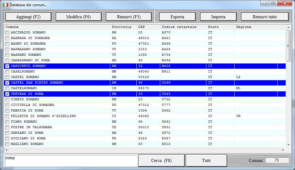 (controllo della checksum e numero di cifre). Database dei Comuni.