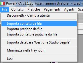 Importazione dati da file (torna all'indice) Nella sezione File del menù principale sono disponibili alcune voci per importare i contatti e / o le pratiche da file esterni, ad esempio da file Excel o