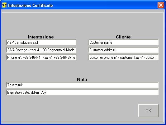Intestazione del Certificato In questa pagina è possibile inserire alcuni dati di interesse che saranno riportati sul certificato da stampare.