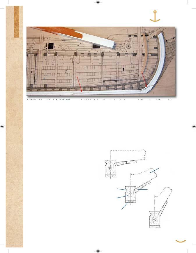 SCAFO Manuale di architettura navale SCHEDA 8 Chiglia del modello de La Belle di Francesco Arrighini sul piano di costruzione. Le frecce rosse indicano due palelle semplici.