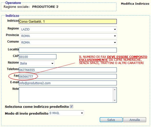 Cliccando sul link del terzo riquadro l utente è indirizzato alla pagina di riepilogo dei dettagli dell indirizzo predefinito associato all operatore.