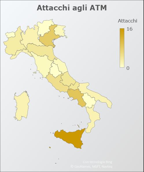 Il più elevato livello di rischio è stato registrato in Molise con un valore pari a 6,5 attacchi ogni 100 ATM.