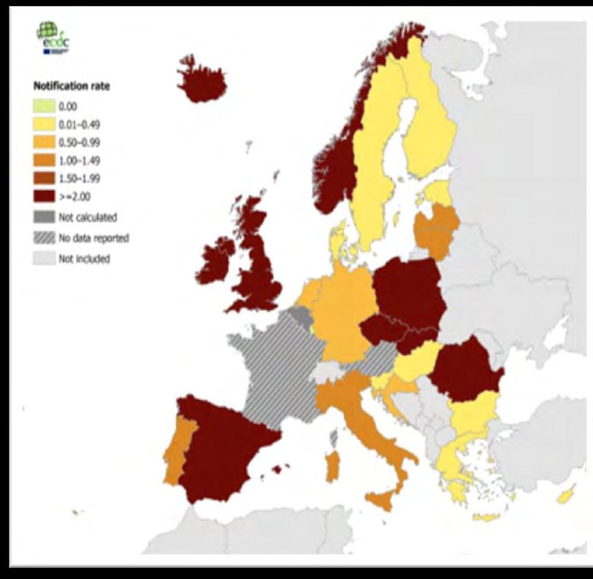 La situazione in Europa 28 paesi EU/EEA hanno segnalato 12.569 casi (2011) 13.
