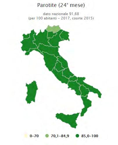 1-4 anni 5-9 anni 10-14 COPERTURA VACCINALE IN ITALIA 2017 91,68% Italia (%) 24 mesi 91,62 36 mesi 92,23 48 mesi 90,29 5-6 Anni 85,56 8 anni