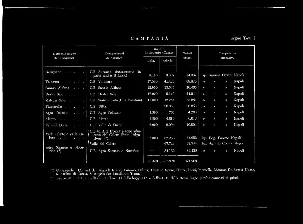 994»»» Napoli Valle Ofanto e Valle Calore... Agro Samese e Nocerino { * )... 1C.B.M. Alta Irpinia e zone adia- 1 centi del Calore (Ente Irrigazione) ( ) 2.000' 52,256 54.256 Isp. Reg.