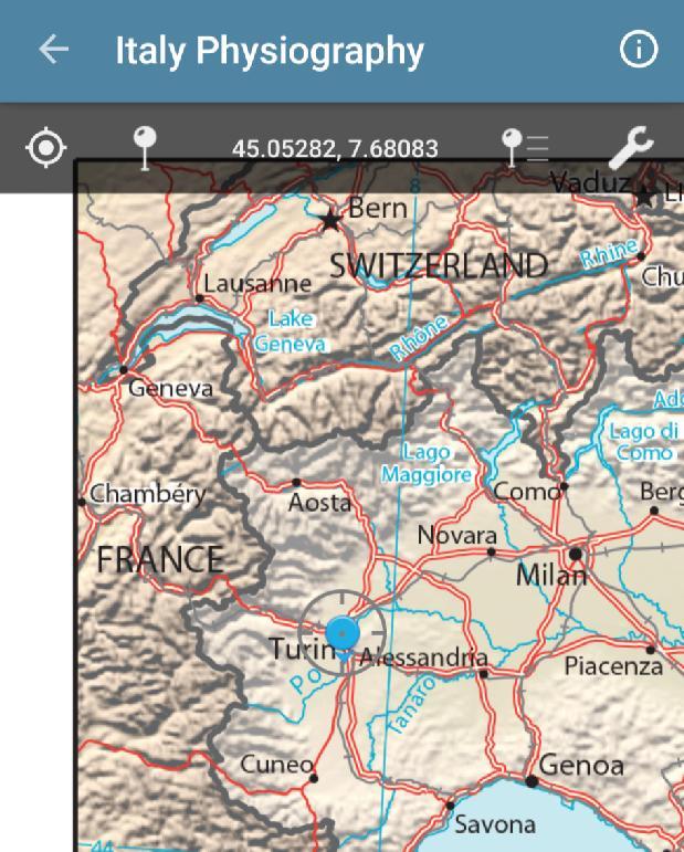 Apriamo la mappa Italy Physiography e verifichiamo che il GPS funzioni in modo corretto, premendo il simbolo rotondo in alto a sinistra.