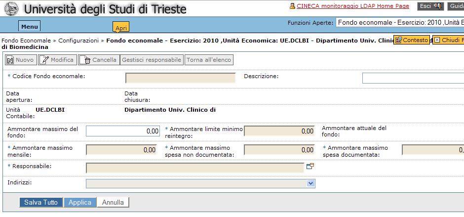 Compilare il codice e descrizione del registro economale, i campi ammontare (costituire il fondo per 5000 euro) e il responsabile fondo (codice anagrafico 280545).