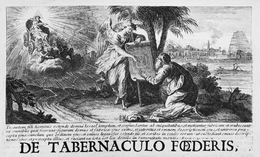 6. Frontalino con la Visione di Ezechiele, acquaforte. Da B. Lamy, De Tabernaculo Fœderis, D. Mariette, Paris 1720, libro I. 7.