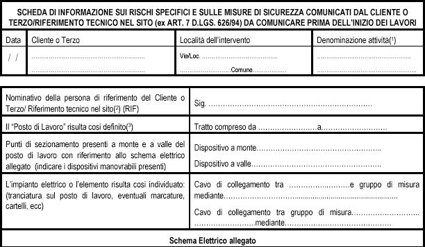 Pagina 29 di 31 ALLEGATO E: SCHEDA DI INFORMAZIONE SUI RISCHI SPECIFICI E SULLE MISURE DI SICUREZZA COMUNICATE DAL CLIENTE (1) Indicare la tipologia di attività: ad es.