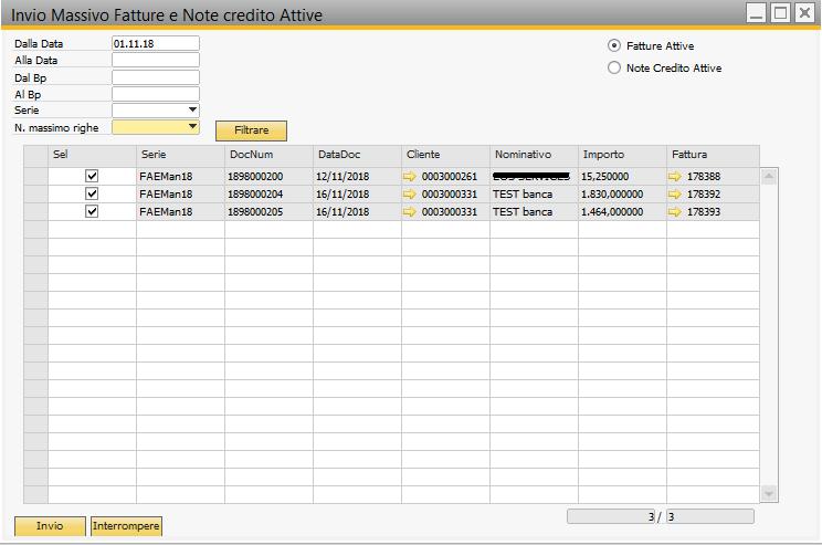 4) GESTIONE INVIO MASSIVO FATTURE E NOTE DI CREDITO Se l invio non è stato impostato come automatico, quindi non è stato effettuato al momento della generazione della fattura, dovrà essere effettuato