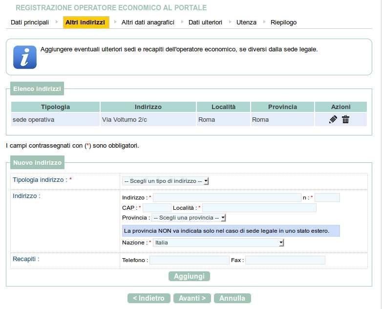 Inserire gli eventuali ulteriori indirizzi oltre a quello principale relativo alla sede legale inserito nella scheda Dati principali.