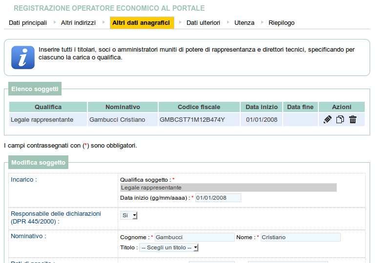 Procedere con l inserimento di tutti i titolari legali rappresentanti, soci o amministratori muniti di potere di rappresentanza e direttori tecnici, specificando per ciascuno la carica o qualifica.