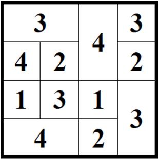 REPULSIONE (13 punti): Inserite in ogni casella (quadrata o rettangolare) un numero da 1 a 4; numeri uguali non possono toccarsi fra loro, nemmeno diagonalmente.