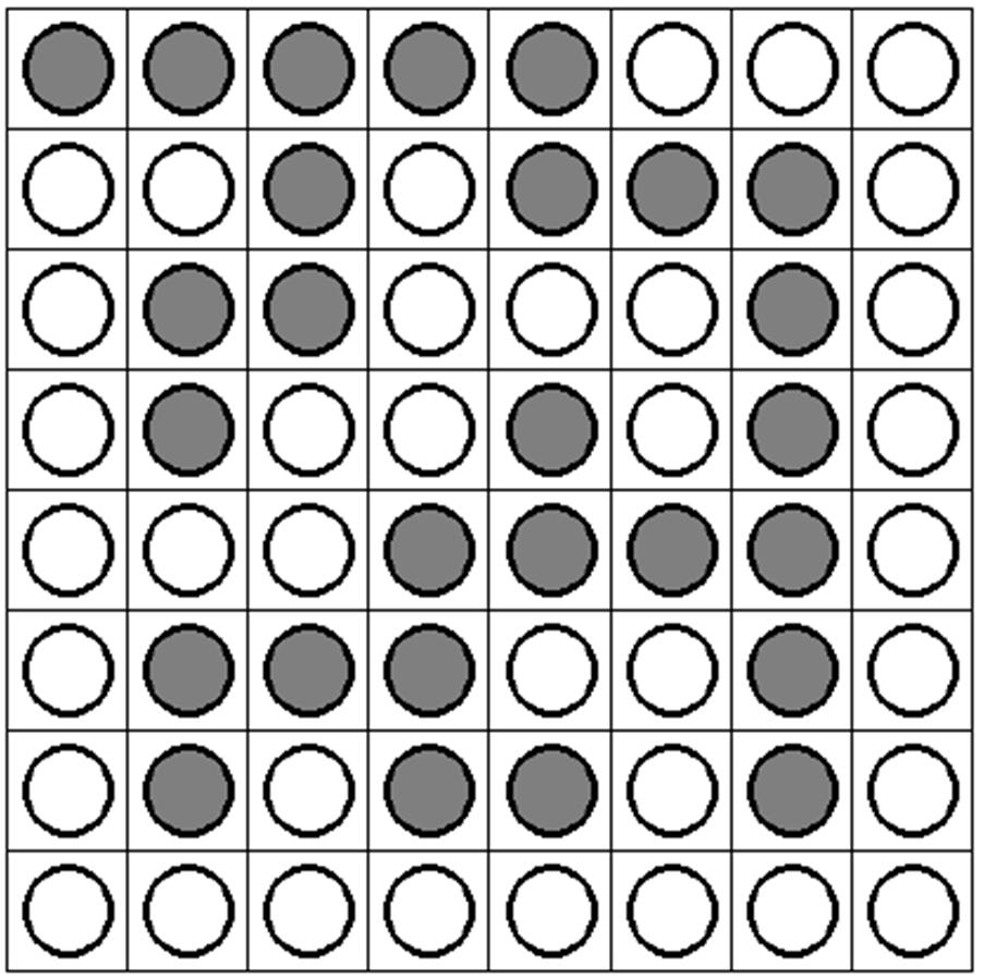A schema risolto tutti i cerchi bianchi devono essere collegati fra loro e altrettanto i cerchi neri. Le caselle indicate con il?