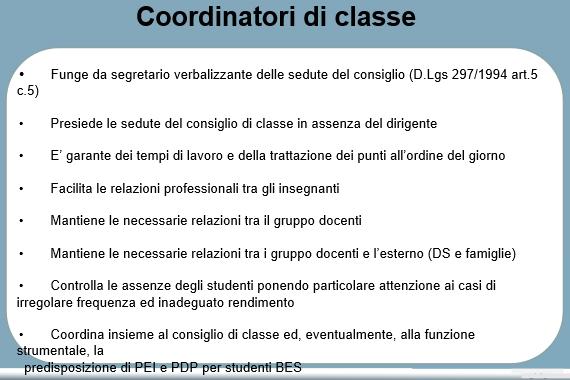 Le slide mostrano i docenti a cui è stato assegnato, dove possibile, il coordinamento della classe e