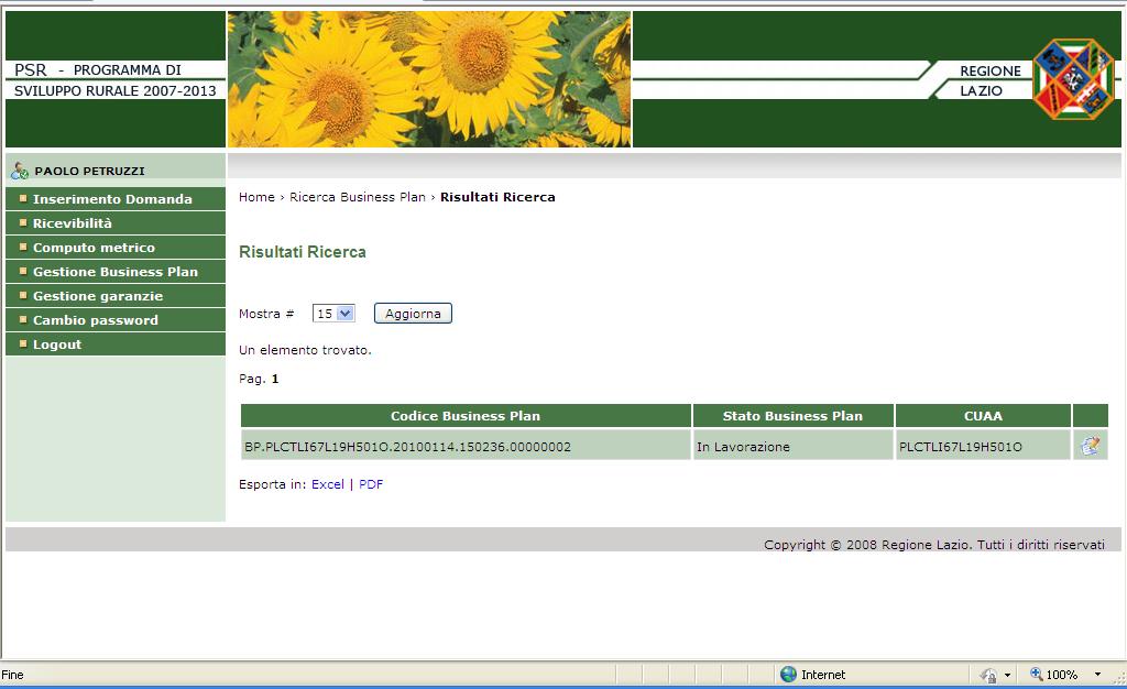 La pressione del bottone Ricerca attiva la ricerca: i Business Plan che rispondono ai criteri indicati vengono esposti in un elenco.