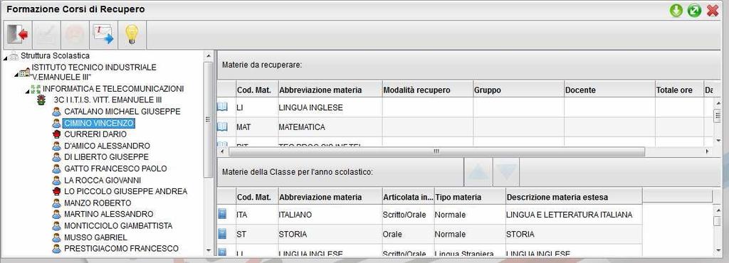 Selezionando invece un allievo si potrà ottenere una separazione della parte destra della finestra in due zone: Materie da