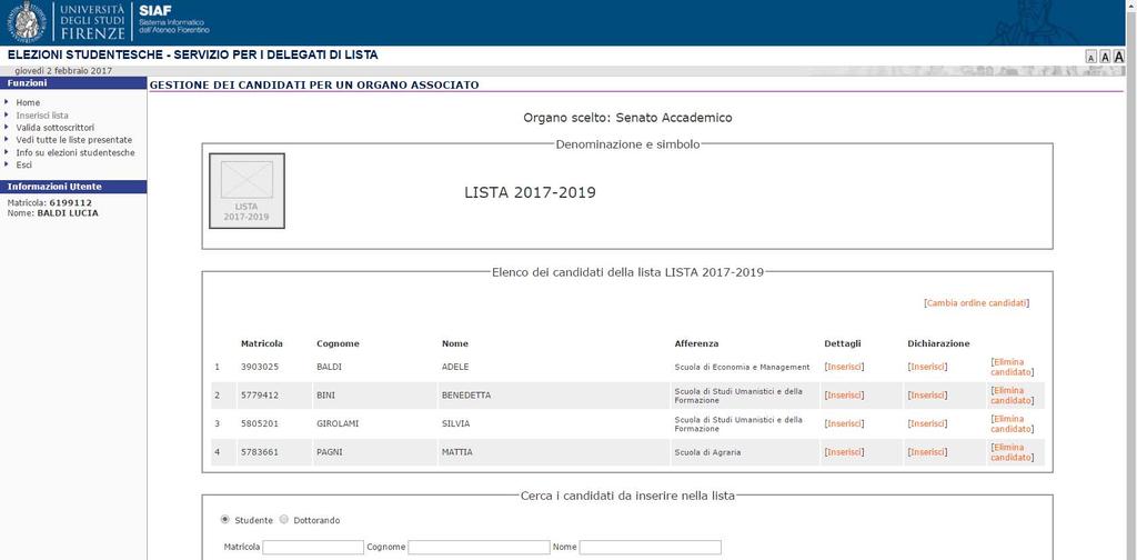 Elimina candidato Eliminazione del nominativo Eliminazione dei dettagli e documento Eliminazione dell Accettazione Eliminazione di un candidato Per eliminare il candidato occorre scegliere la