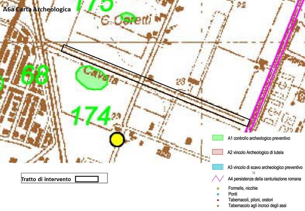 A6a Carta Archeologica Figura 24 - Tavola A6a Carta archeologica Il PRG individua nella Carta archeologica il Sito 174 (in interferenza con il Diversivo Fossa Nuova Cavata) come